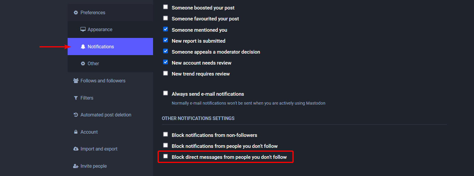 Screenshot of account Preferences screen, under Notifications &ldquo;Block direct messages from people you don&rsquo;t follow&rdquo; is highlighted at the bottom. 