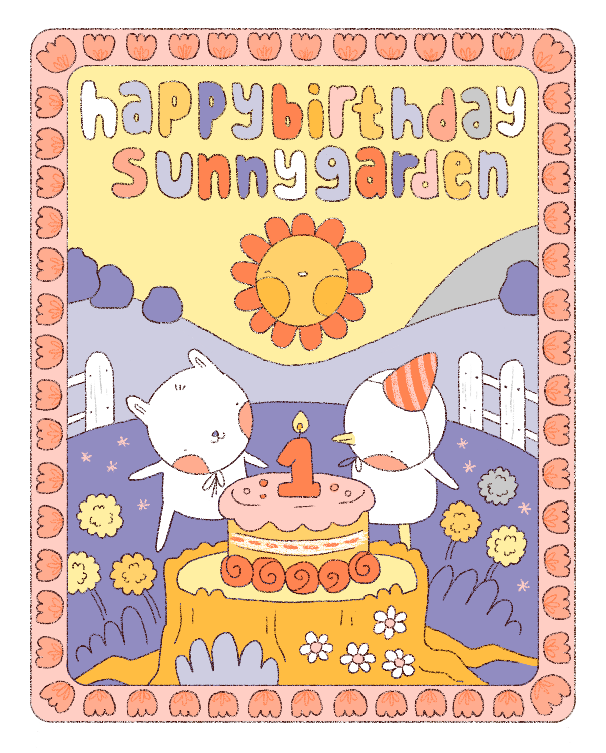 a cute illustration in pastel colors of animals gathered around a birthday cake. it's a white rabbit and duck, the cake is resting on a tree stump. they're standing in a rolling hills landscape, specked with dandelions, daisies and other little flowers. there's a smiling sun in the sky, and the words: happy birthday sunny garden. the image is contained in a rectangular frame filled with pink tulips