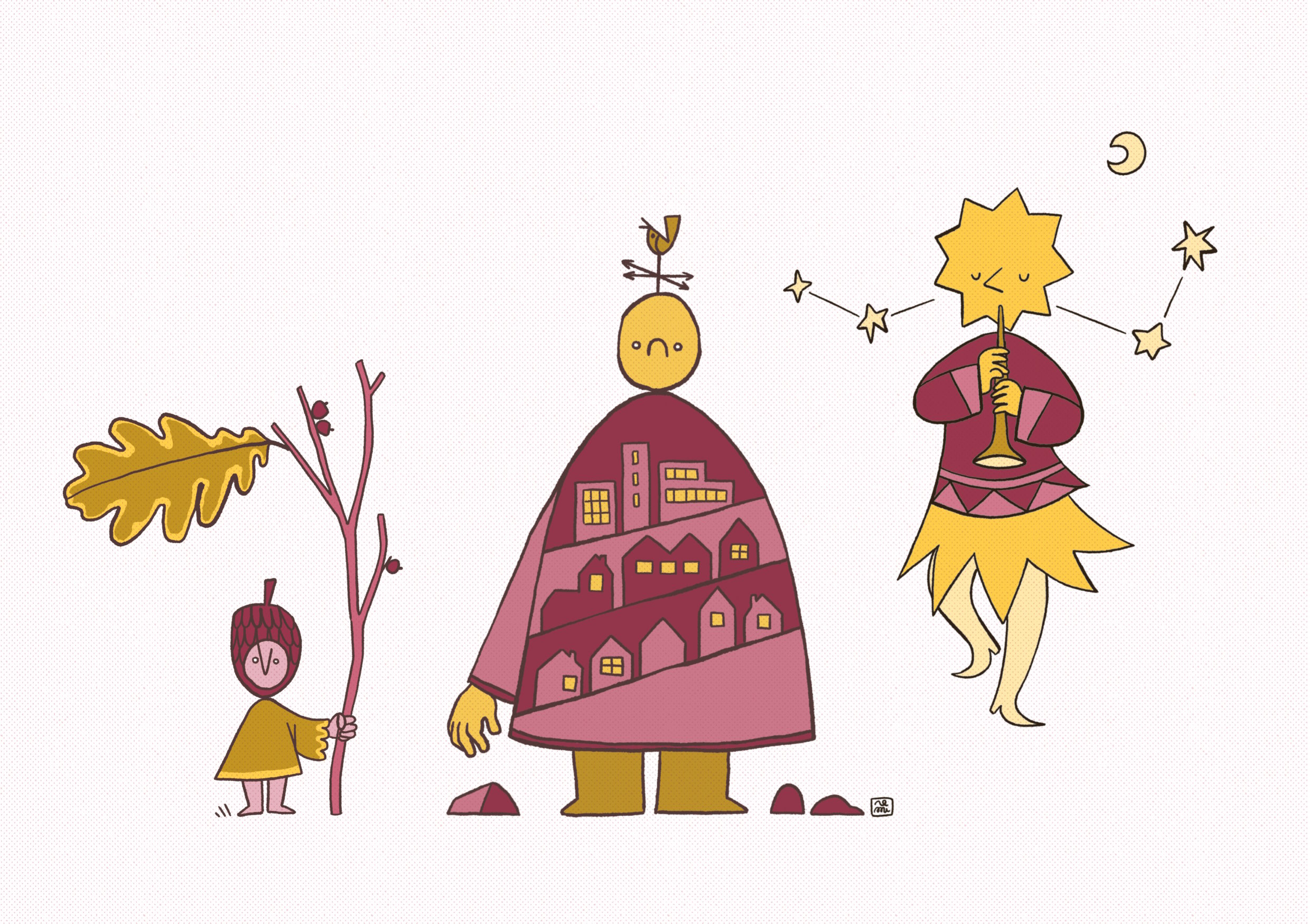 Three characters aligned on a white background. The first is small, their face is shaped like an acorn and they hold a big branch with a huge oak leaf. The second is big and wears a dress on which is drawn a town, houses and buildings with windows lit; they’re wearing a weathercock on their head. The third is a character with a head shaped like a star. They are wearing a dress decorated with geometric shapes and they are playing a flute.