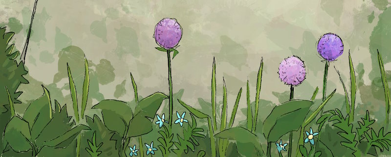 bottom part of the header image, cartoon plants with round purple flowers and little blue star flowers along the bottom of the wall
