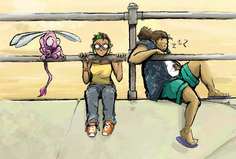 Three cartoon characters sitting atop a wall, leaning against a railing. Mia is sitting in the middle staring intently forward, while her cousin is dozing to her left and Yu, a strange little dragonfly-like creature is perched on the railing to her right.