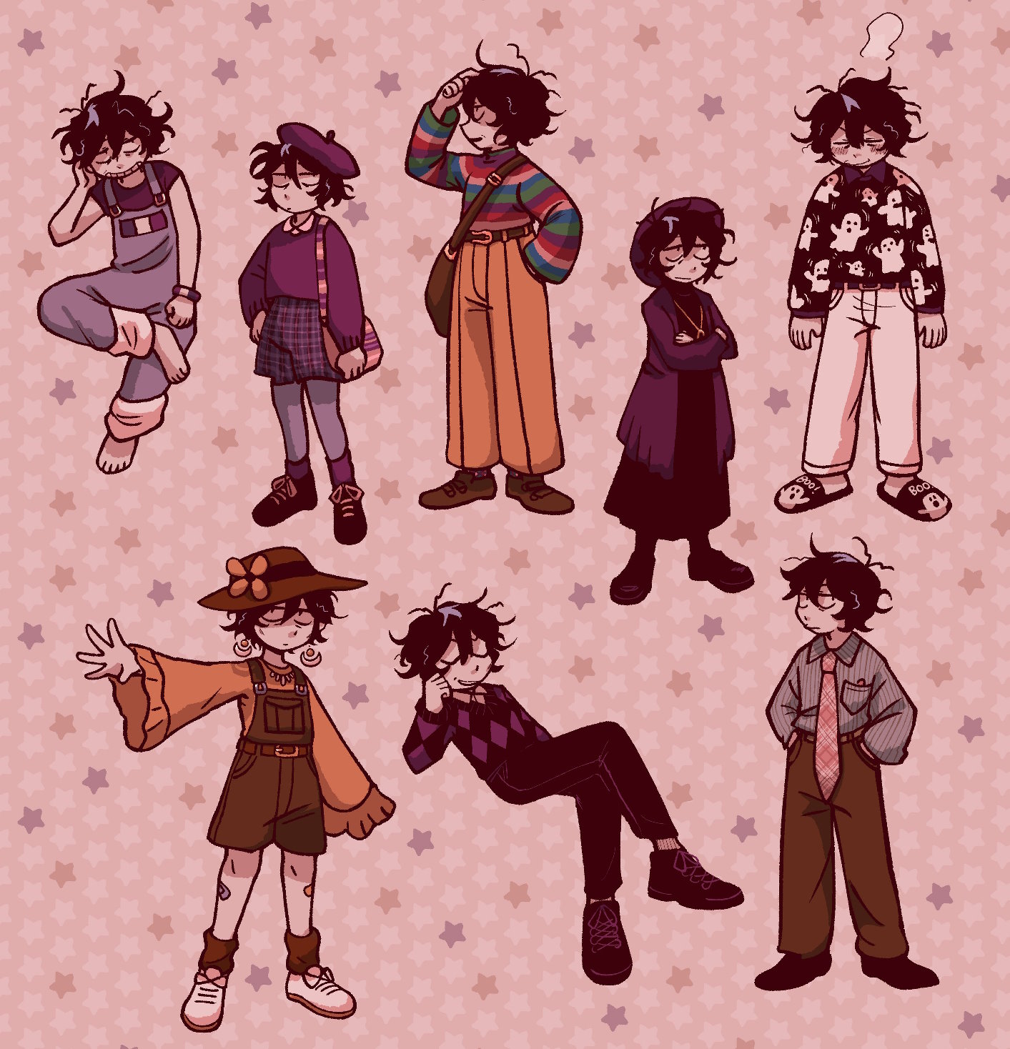 Drawings of zelkova’s character Sasha modeling 8 different outfits.