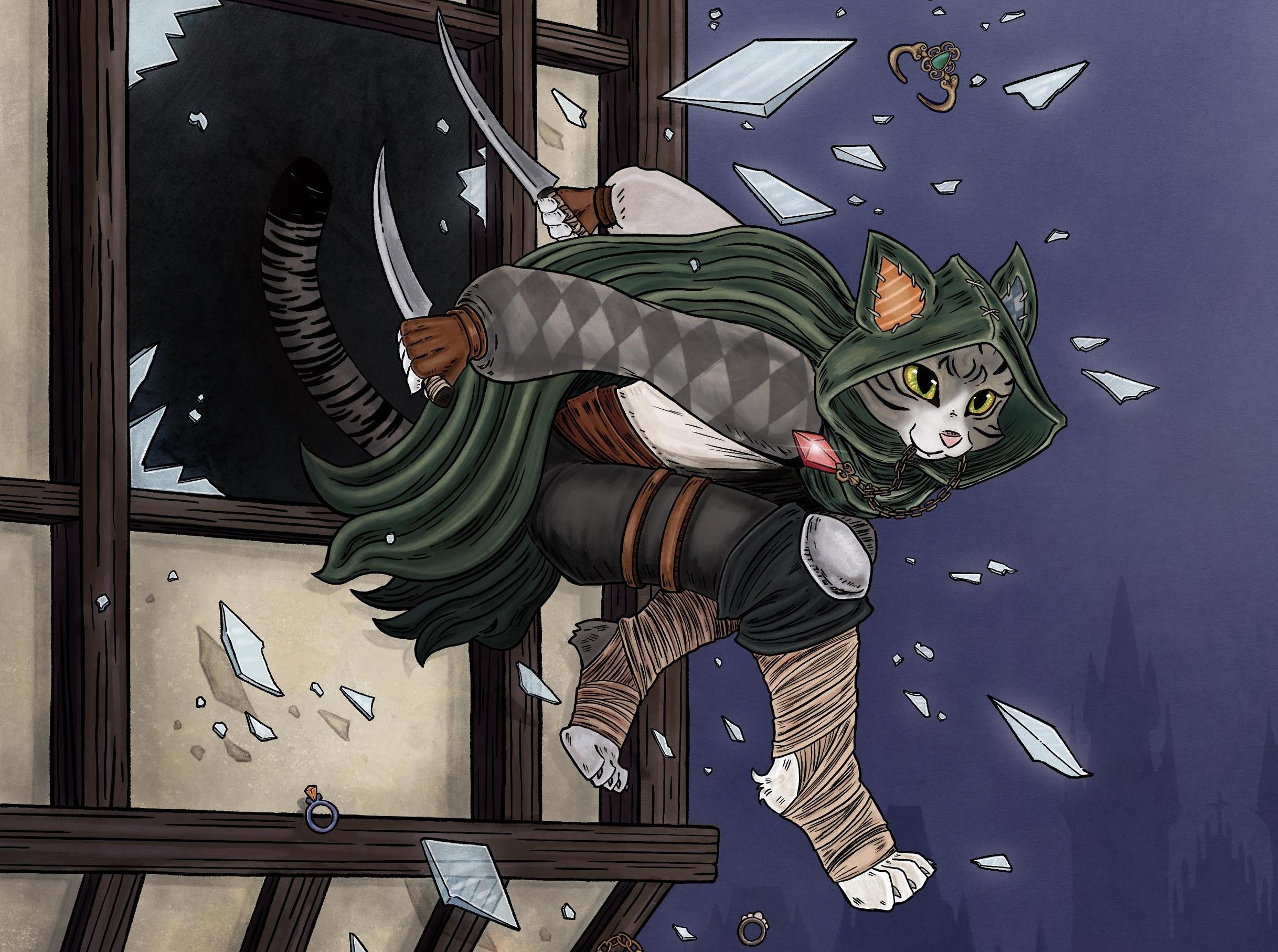 A dynamic illustration starring the Tabaxi (Catkin/Catfolk) rogue, Pan, as he narrowly escapes a nighttime act of burglary by jumping through a second story window! Shards of glass and various treasures and trinkets whiz past Pan as he barrels out the window, daggers in claws, a red jeweled necklace in his mouth. However, this literal cat burglar isn’t at all worried or concerned— a look of mischief shines in his feline eyes as he makes his daring escape. With his tattered and patched green cloak, (including adorable little covers for his pointed ears!) the rest of the night belongs to Pan as he disappears anonymously into the silhouetted city below. 