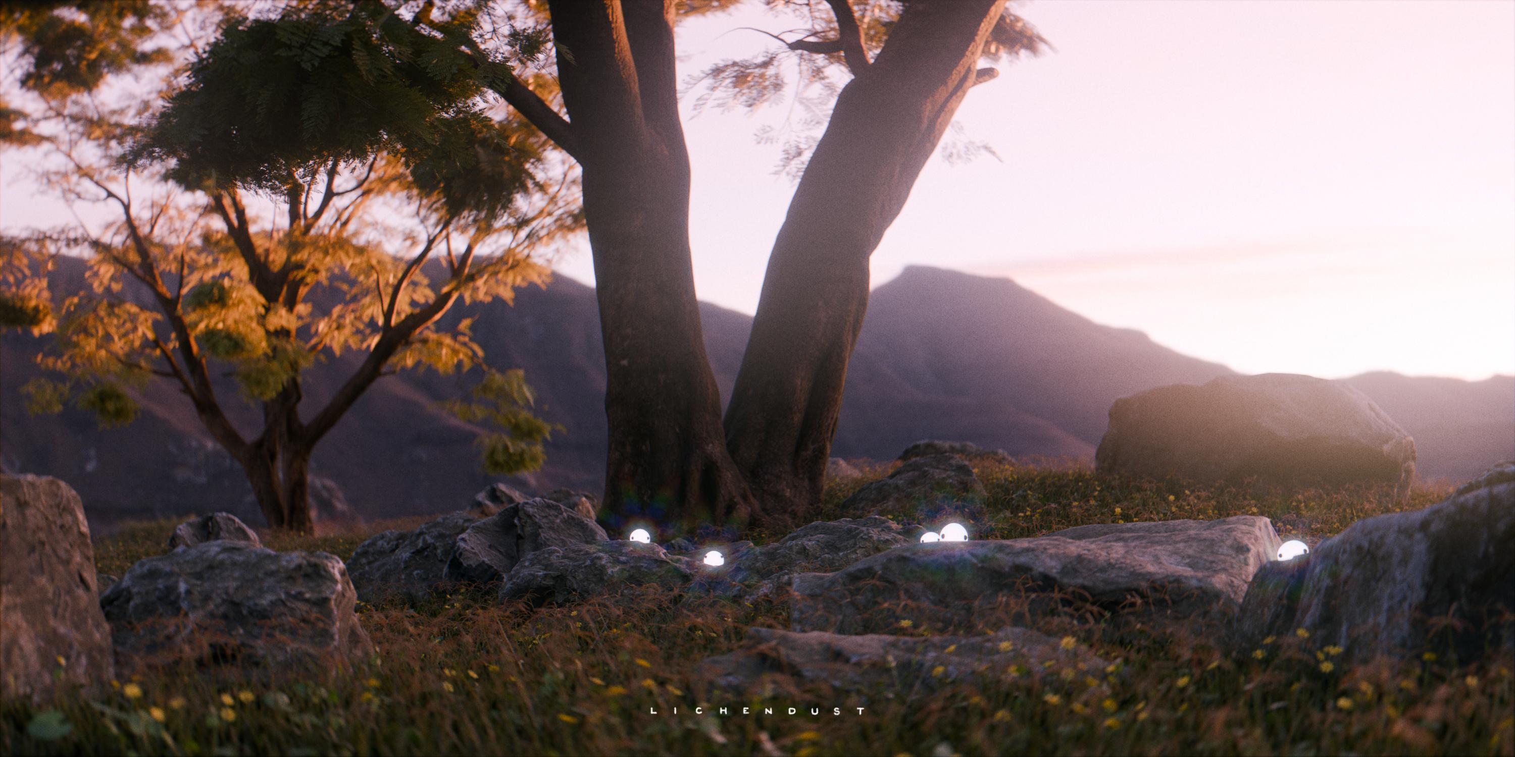 A CGI render of a hilltop with trees, rocks and flower grass at sunset. Hiding behind the rocks, a series of small white mystical sprites observe the camera.