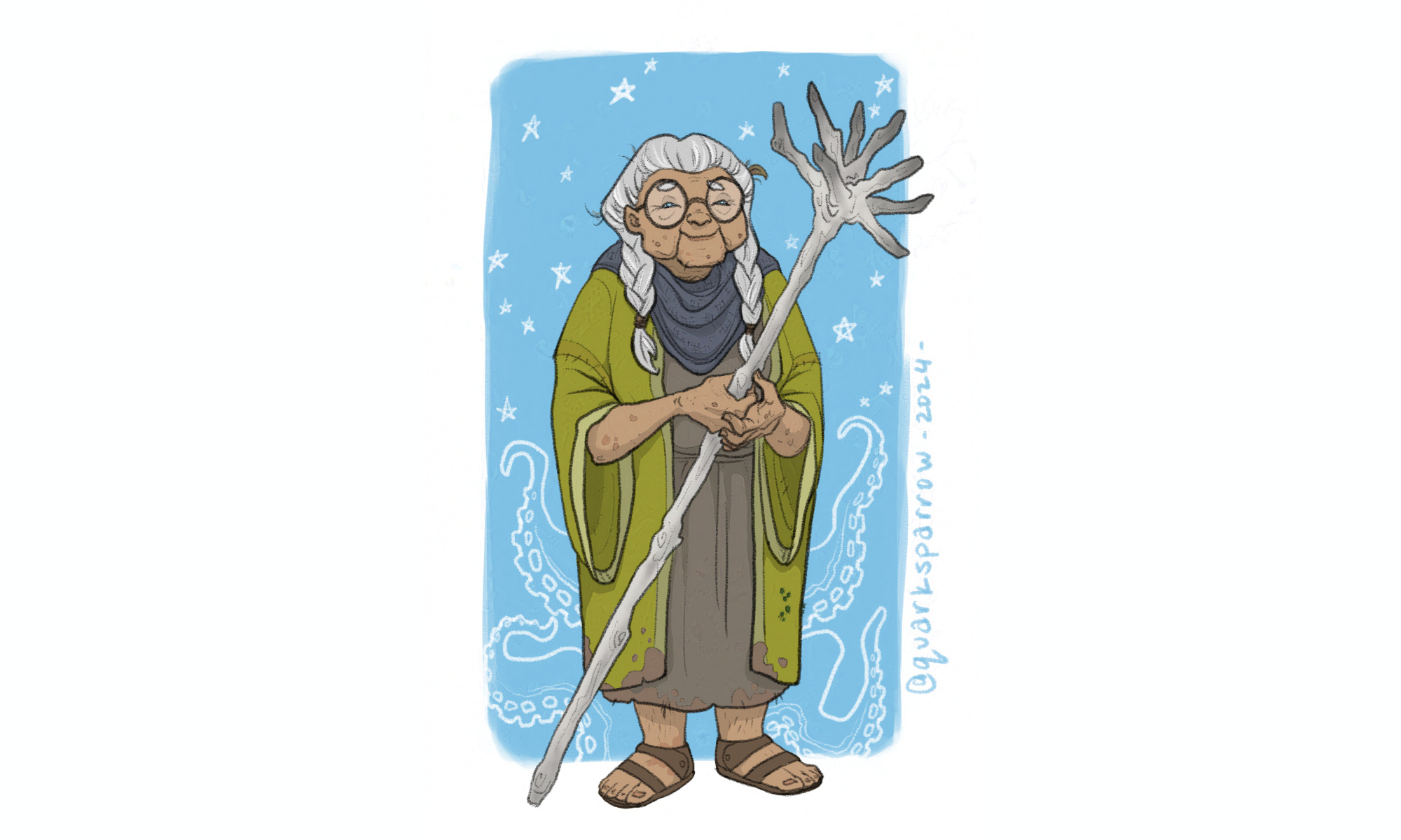 A drawing of a little old woman with a pleasant smile. Her white hair is braided and her skin is tanned and speckled with age spots. She wears a roughspun dress beneath a pea green robe, with flat sandals and a wool scarf. She holds a wooden staff with a spray of stunted branches at its top.