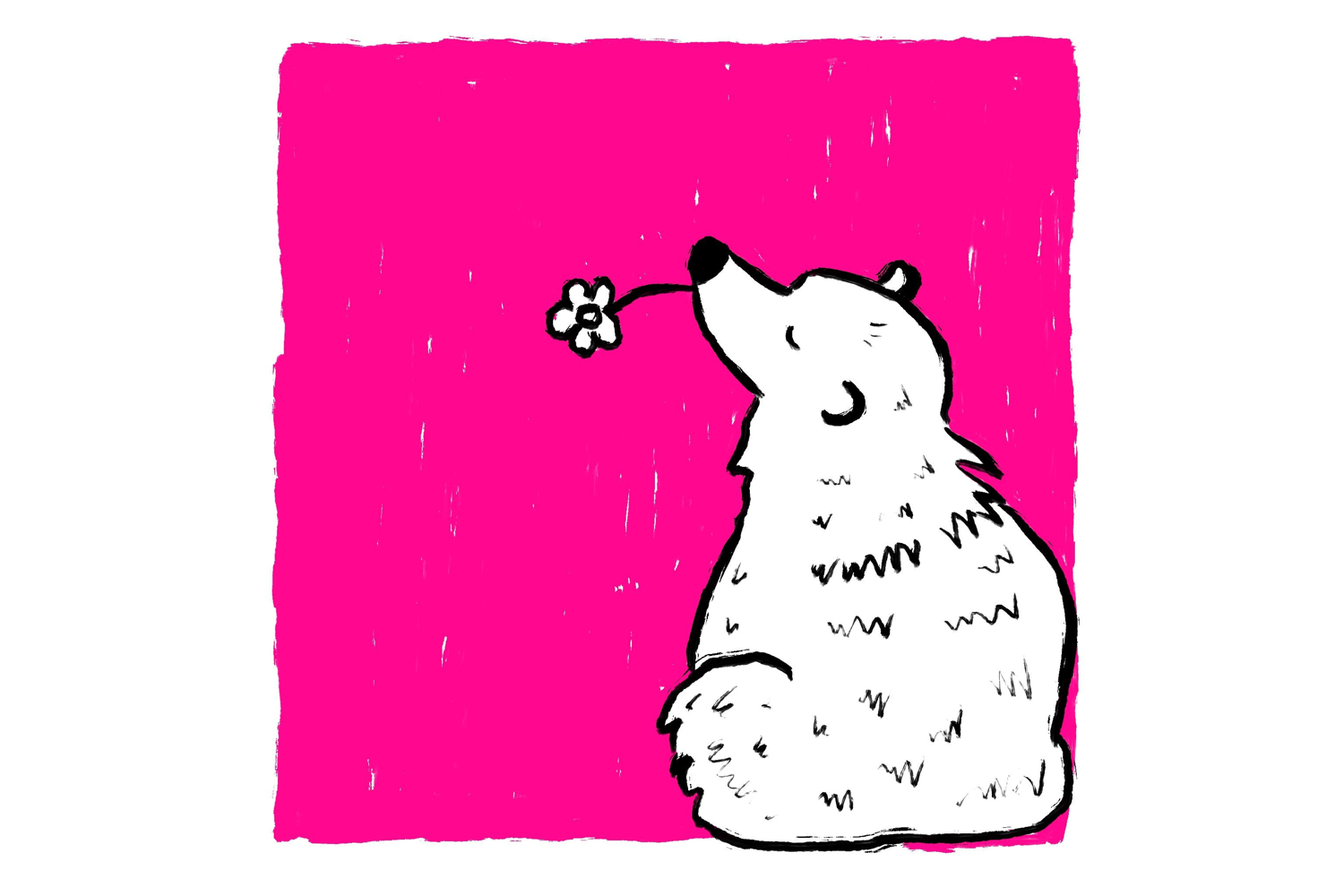 A digital illustration of a bear. We see the bear from the side. It has its eyes closed, nose up in the air and a flower in its mouth. The background is magenta.