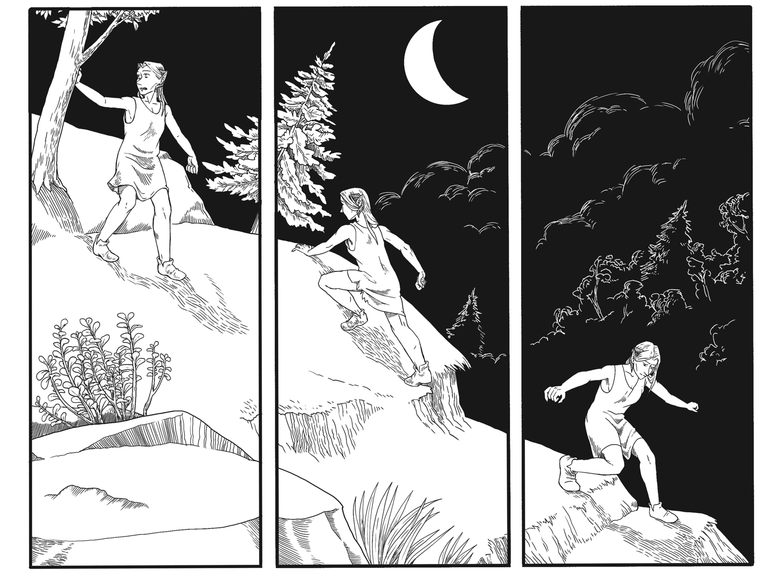 A continuous landscape consisting of a rough hillside that slopes down to the right is split into three panels. Each panel shows the progress of the same character, who is climbing down the hill. She is wearing a ragged nightgown. It&rsquo;s night, and the faint outlines of trees and clouds are visible in the background. A crescent moon illuminates the scene.