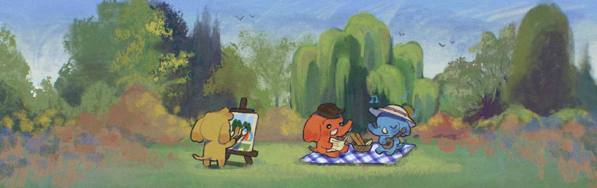 painterly cartoon mastodons enjoying a picnic in a garden