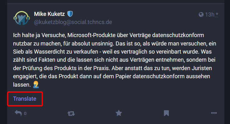 a German post with Translate link below text